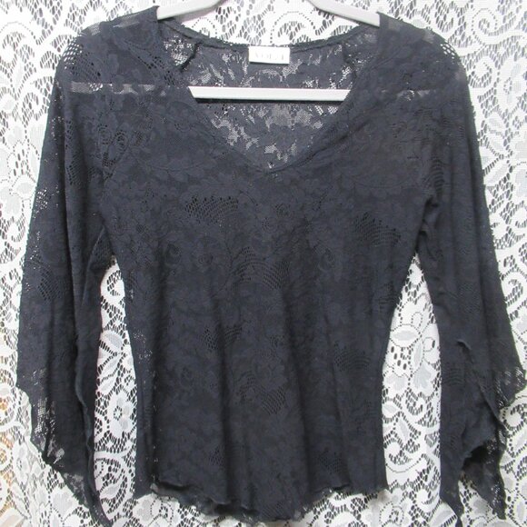 Goth Black Stretchy Lace Bell Sleeve Shirt - Picture 1 of 8